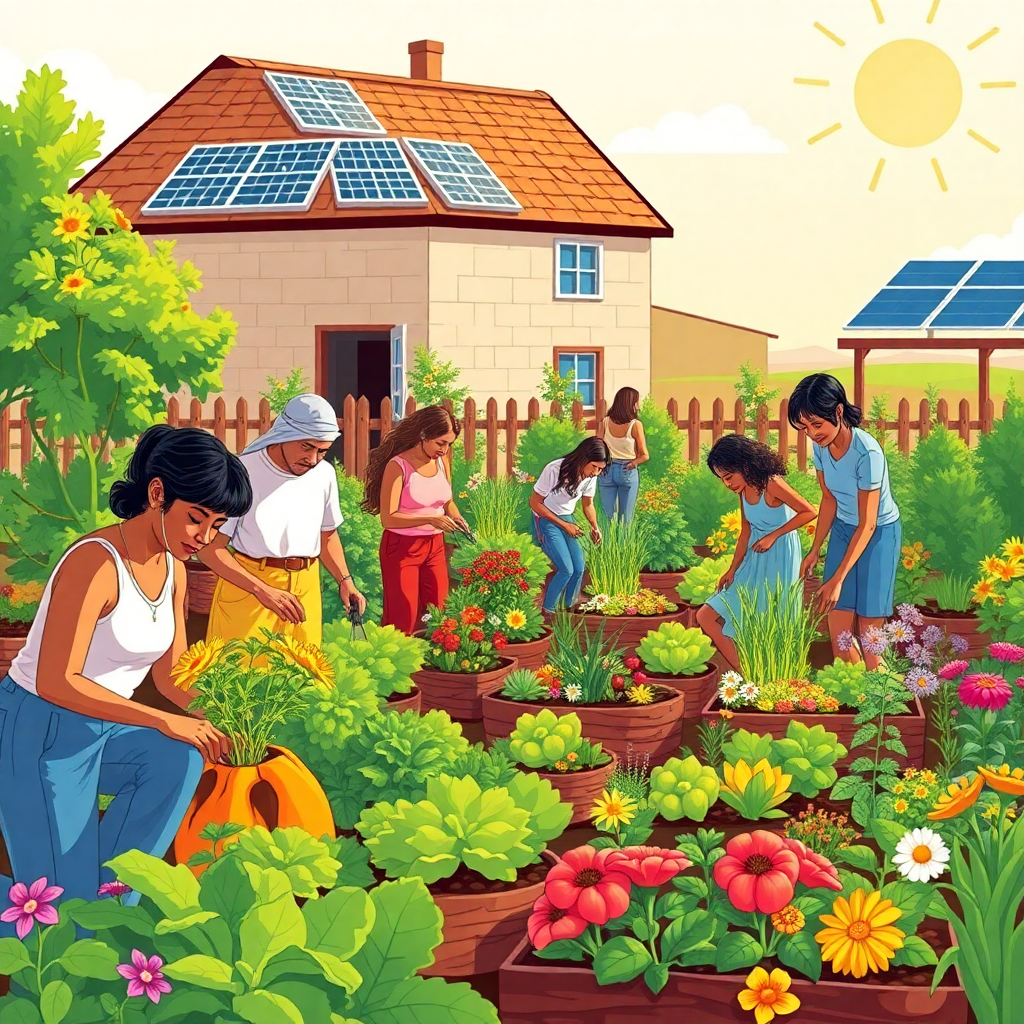 Illustration de voisins de différentes générations cultivant un jardin partagé